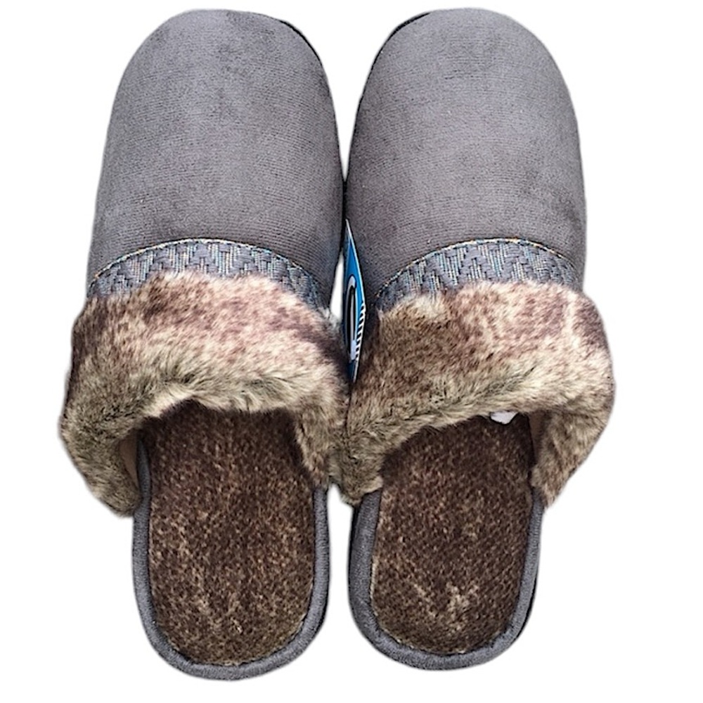 Isotoner Microsuede Ash Gray Fur Trim Open Back Slippers! NEW!